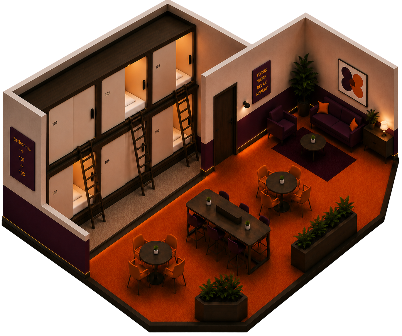 Isometric concept illustration of a capsule hotel, showing stacked sleeping pods numbered 101 to 108 on the left and a warm coworking lounge with a communal table, café seating and a reading area on the right, in a rust and aubergine palette.